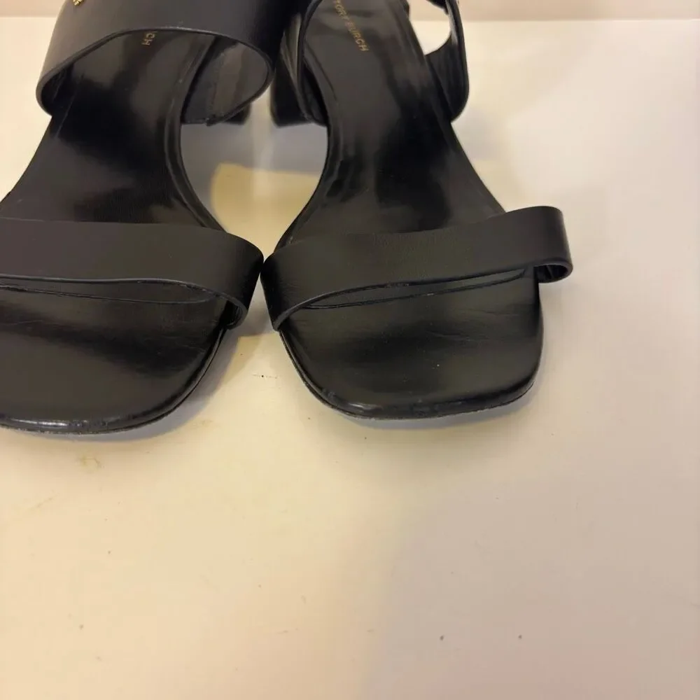 Tory Burch Black Leather Low Block Heel Sandals Size 8.5 - Picture 7 of 10
